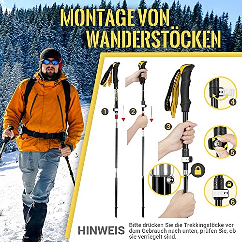 Glymnis Wanderstöcke Trekkingstöcke Walking Stöcke 7075 Aluminium Wanderstock verstellbar 110-130cm und Klemmverschluss mit 4 Paar Gummipuffers für Trekking (Gelb) - 2