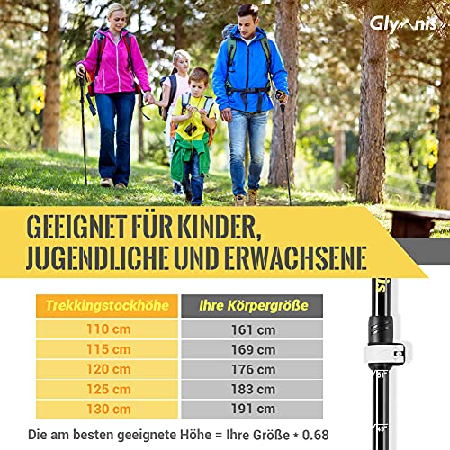 Glymnis Wanderstöcke Trekkingstöcke Walking Stöcke 7075 Aluminium Wanderstock verstellbar 110-130cm und Klemmverschluss mit 4 Paar Gummipuffers für Trekking (Gelb) - 5